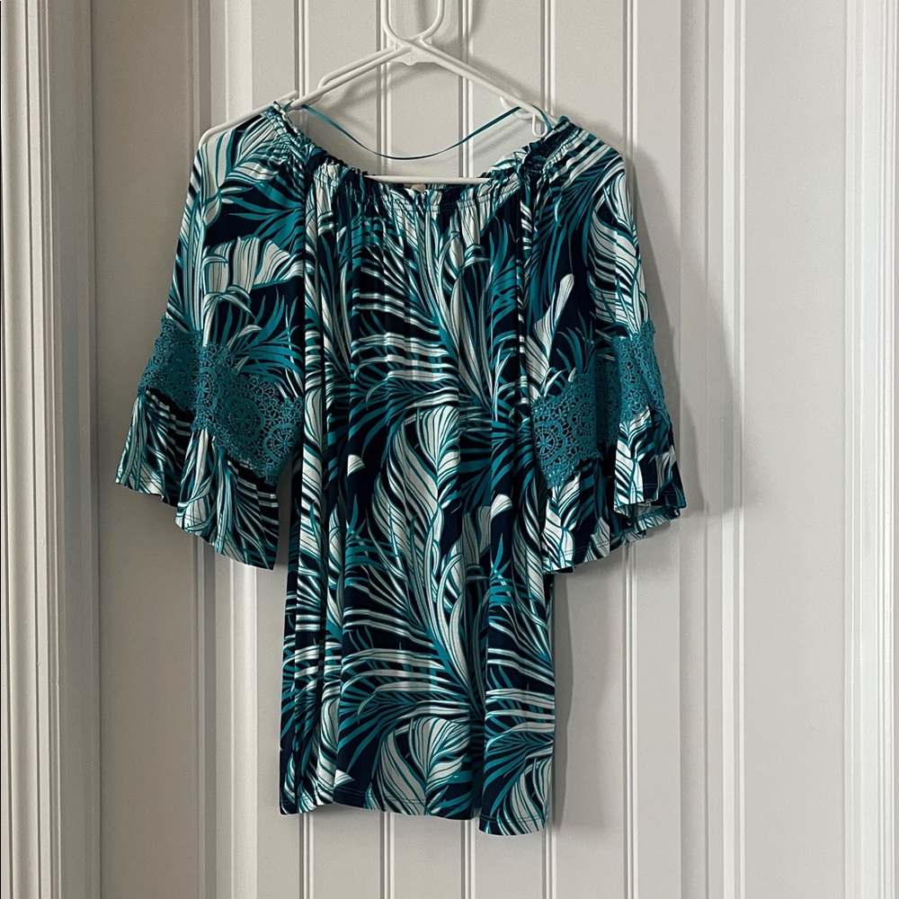Teal Leaf Print Women's Blouse